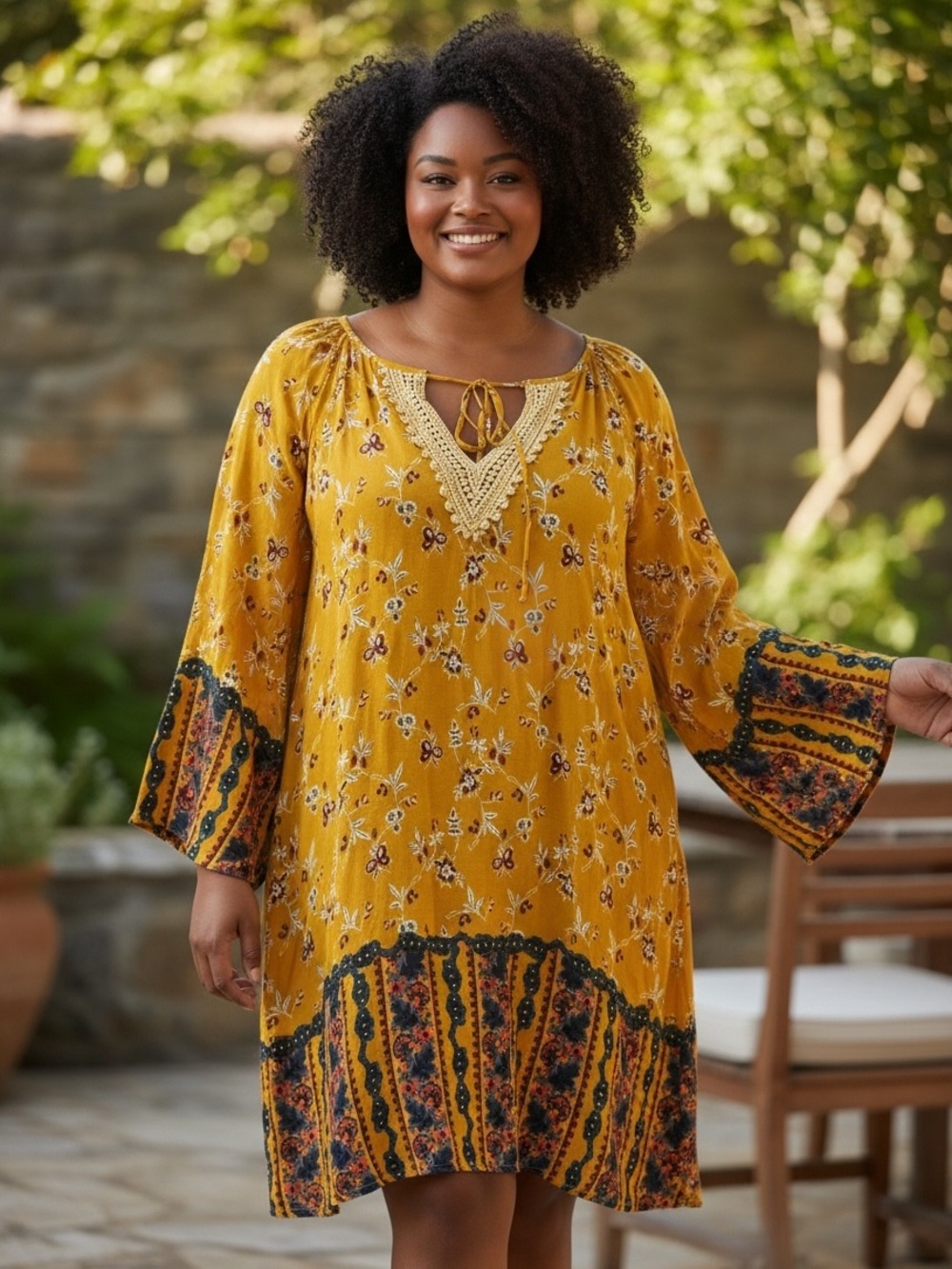 Suzanne Betro Mustard Floral Crochet-Trim Boho Tunic